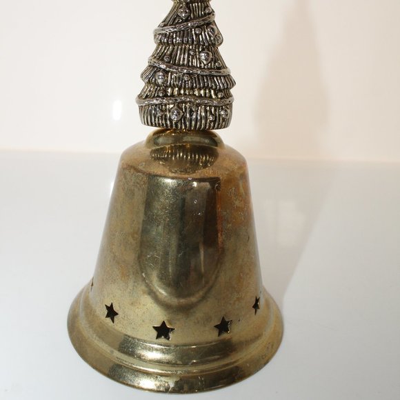 Christmas Hand Held Bell, Metal Fluted Christmas Tree Bell  With Stars 6" Tall - Picture 2 of 4